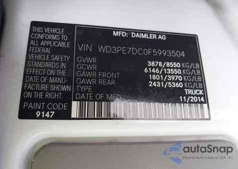 2015 Mercedes-Benz Sprinter 2500 Normal Roof z USA, uszkodzony, nr VIN WD3PE7DC0F5993504